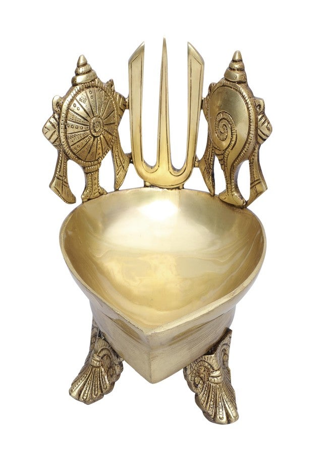 D Brasso Brass Shankh Chakra Namah Design Diya على الأرجل المنحوتة، زيت الديبام لبوجا، شانكا جادا بادما (قياسي، 1.75 كجم، عبوة من قطعة واحدة). - Image 1